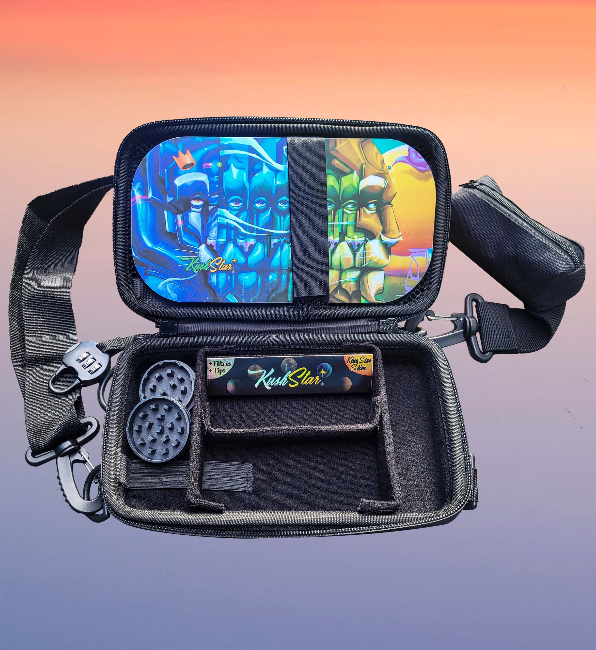 Essential Rolling Kit - Smell proof & lockable pouch with grinder, rolling paper and tray + lid