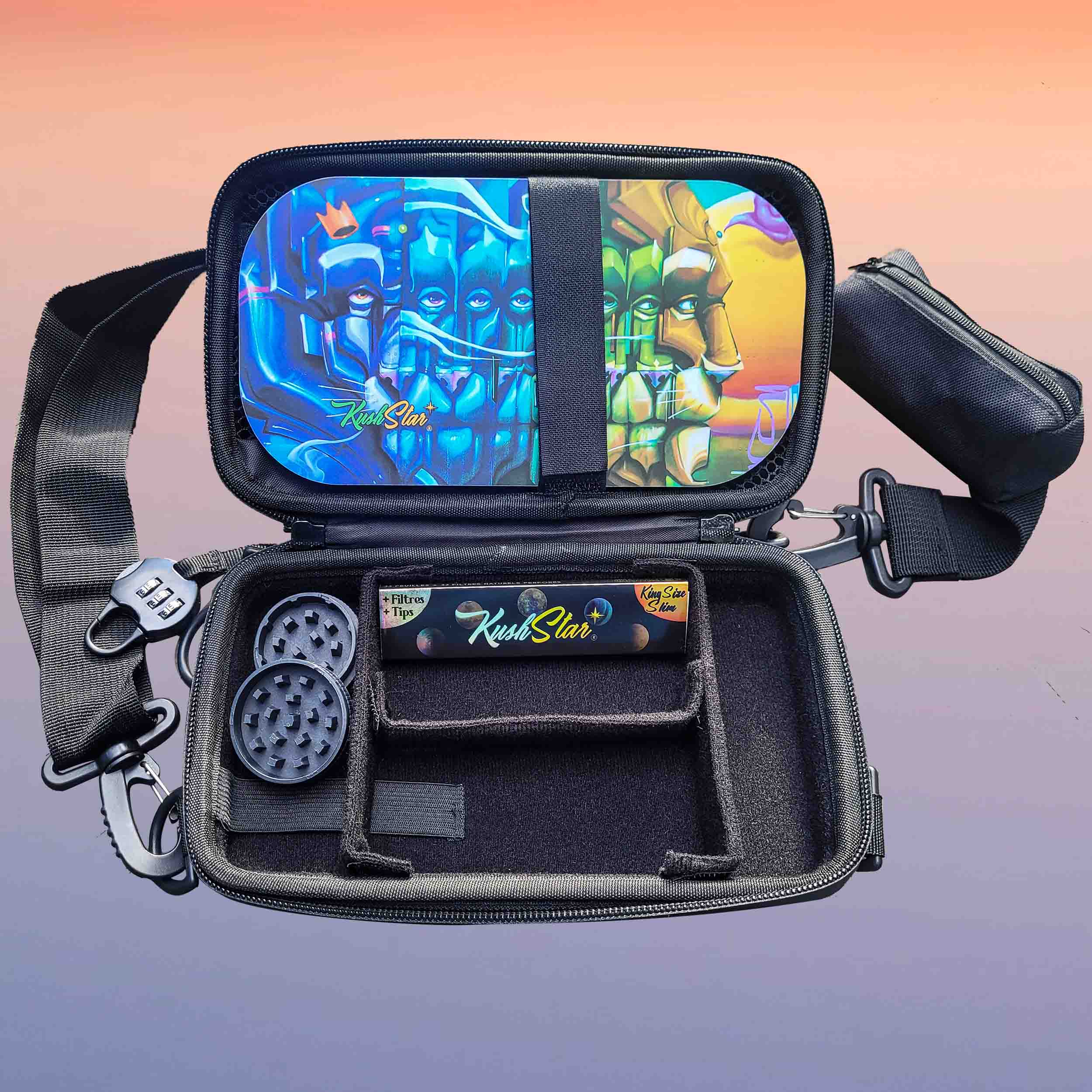 Essential Rolling Kit - Smell proof & lockable pouch with grinder, rolling paper and tray + lid