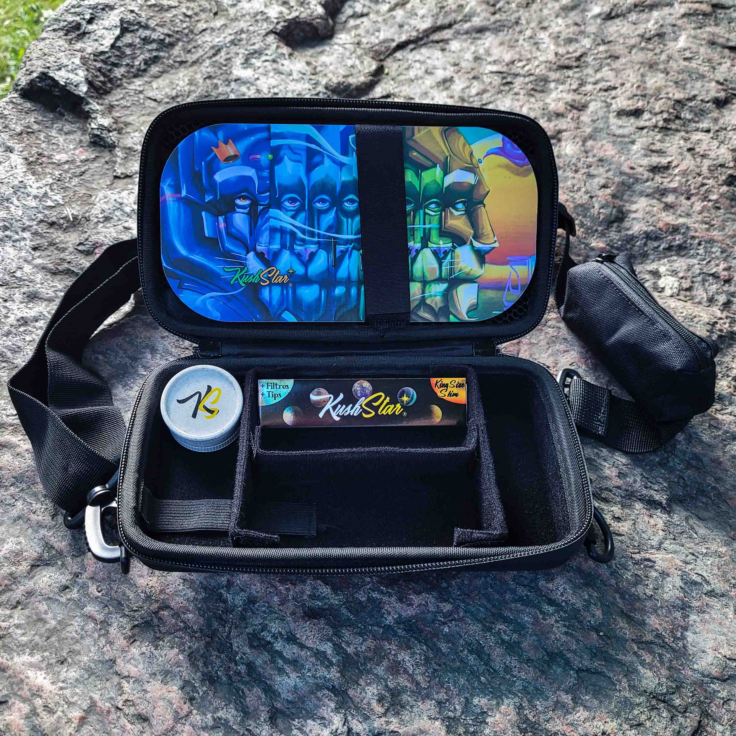 Essential Rolling Kit - Smell proof & lockable pouch with grinder, rolling paper and tray + lid