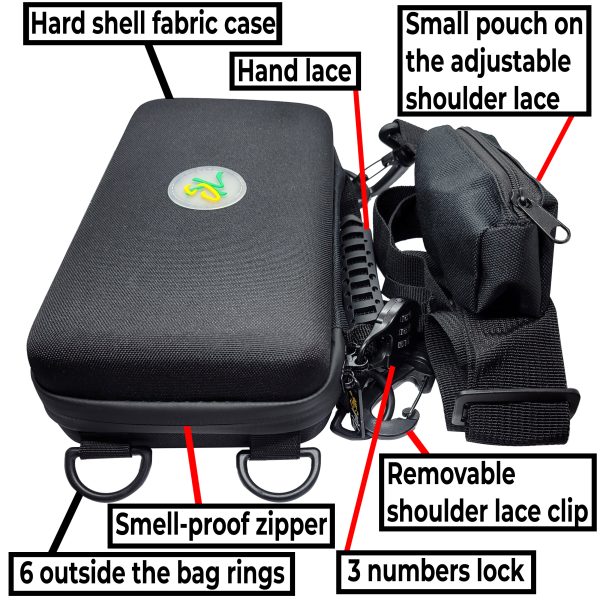 Travel Pouch – Lockable and smell proof hard shell carry-on bag - Hard case with with an adjustable shoulder lace with a small pocket on it - Image 5