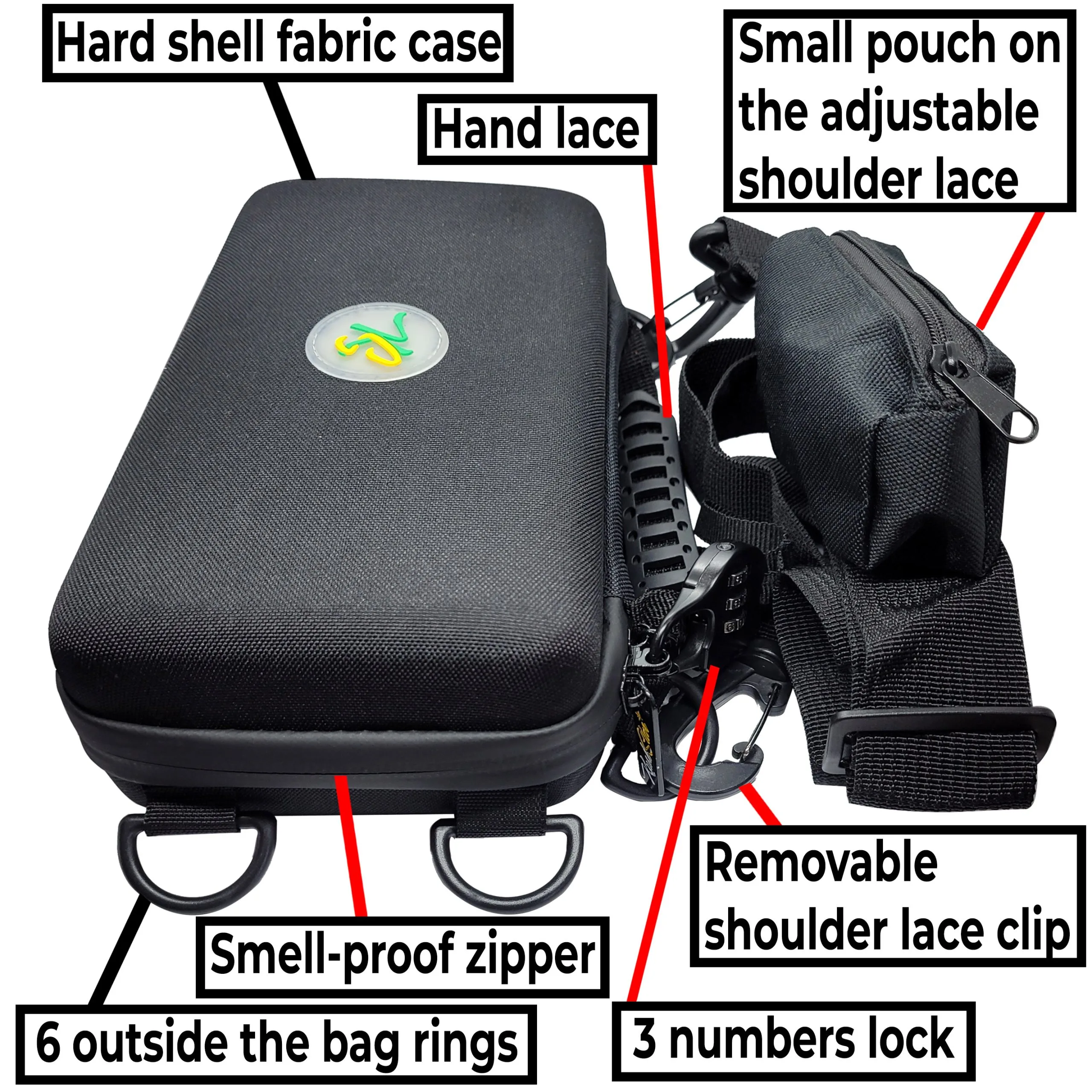 Travel Pouch – Lockable and smell proof hard shell carry-on bag - Hard case with with an adjustable shoulder lace with a small pocket on it - Image 5