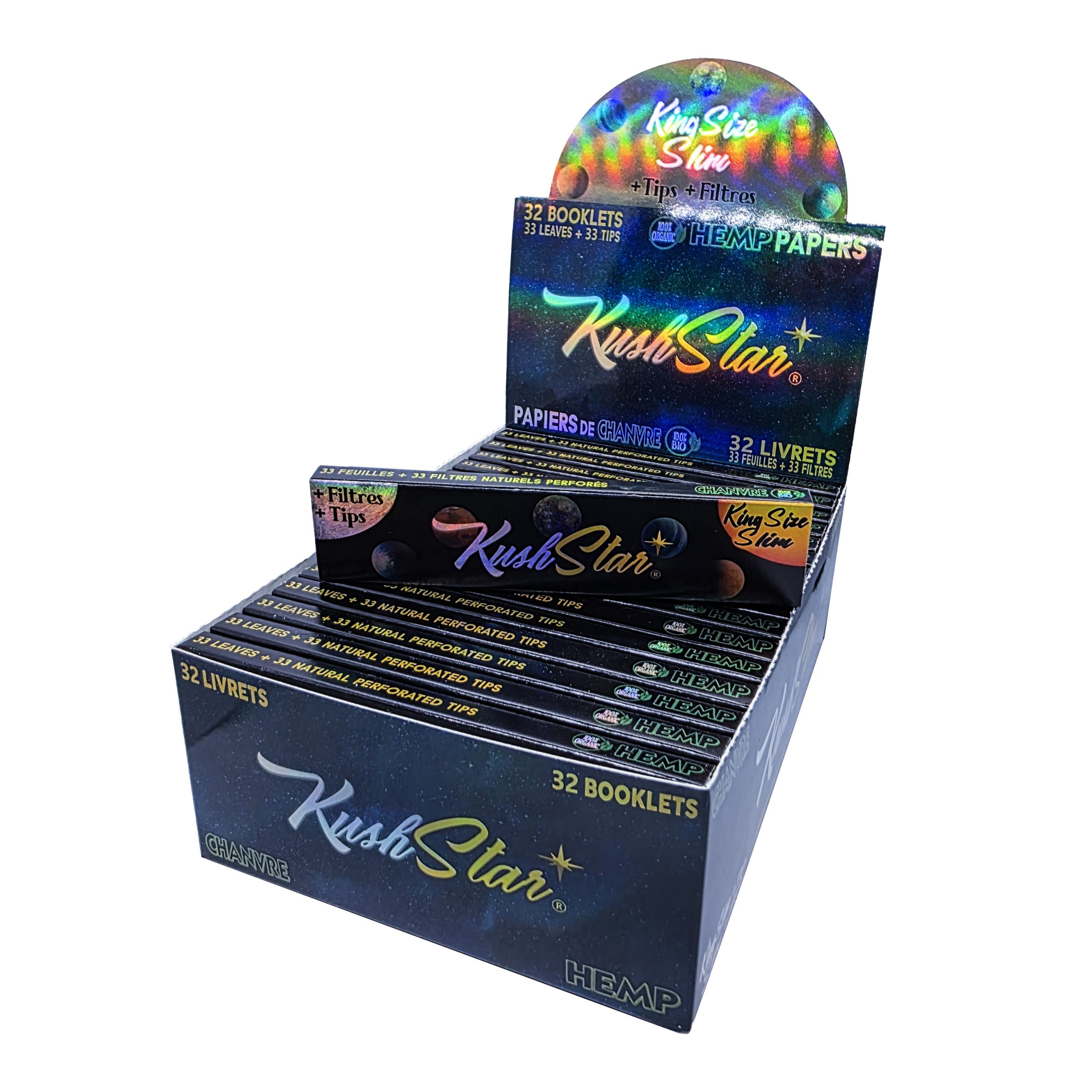 King Size Slim Rolling Papers & Natural Perforated Tips - Thin Organic Hemp Paper - 32 Booklets Box
