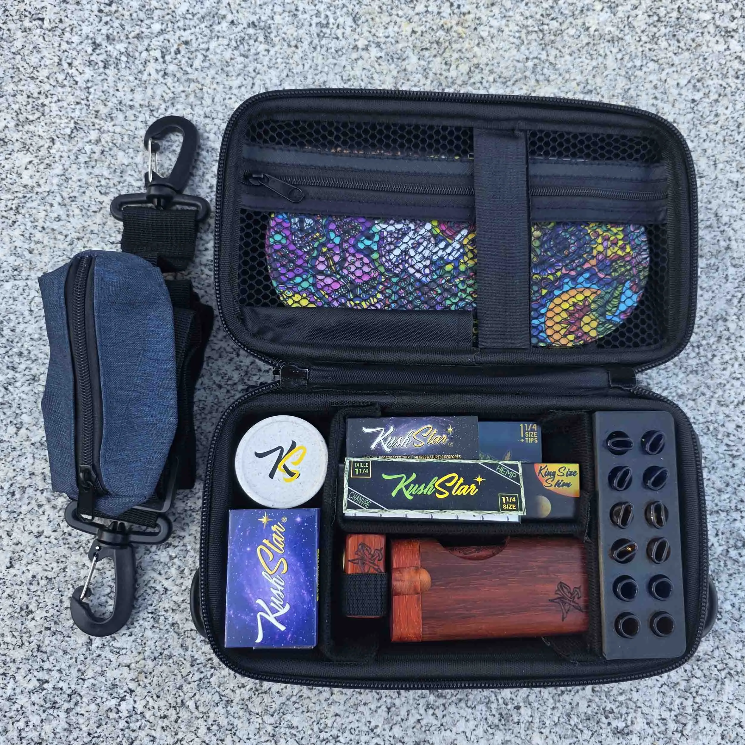 Deluxe Rolling Kit: Smell Proof Lockable Travel Pouch with Grinder and Paper Roll